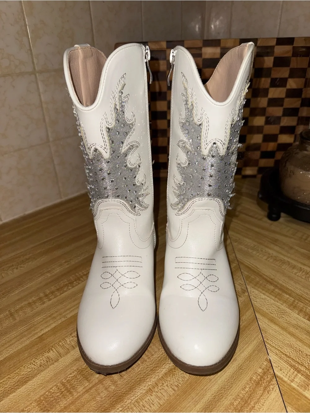 White Ankle Western Booties with Silver Embellishment